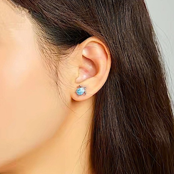 Sterling Silver Blue Turtle Stud Earrings - Picture 3 of 6